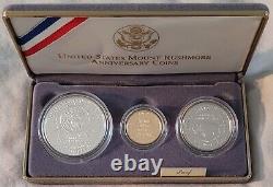 1991 US Mint Mount Rushmore Anniversary 3-Coin Proof Set 1/4 Gold Silver
