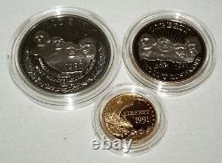 1991 US Mount Rushmore Anniversary Coins $5 Gold $1 Silver Clad Half $ Box (KiL)