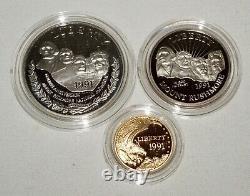 1991 US Mount Rushmore Anniversary Coins $5 Gold $1 Silver Clad Half $ Box (KiL)