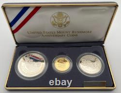 1991 U. S Mint Mount Rushmore Anniversary Gold & Silver 3 Coin Proof
