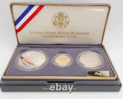1991 U. S Mint Mount Rushmore Anniversary Gold & Silver 3 Coin Proof Set OGP COA