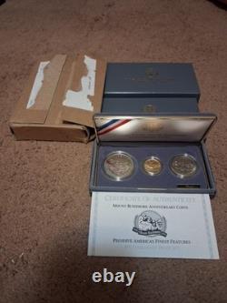 1991 U. S Mount Rushmore Anniv Gold & Silver 3 Coin Proof Set OGP COA. Orig S/Box