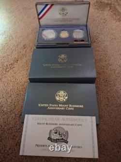 1991 U. S Mount Rushmore Anniv Gold & Silver 3 Coin Proof Set OGP COA. Orig S/Box