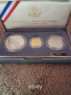 1991 U. S Mount Rushmore Anniv Gold & Silver 3 Coin Proof Set OGP COA. Orig S/Box