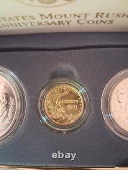1991 U. S Mount Rushmore Anniv Gold & Silver 3 Coin Proof Set OGP COA. Orig S/Box