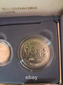 1991 U. S Mount Rushmore Anniv Gold & Silver 3 Coin Proof Set OGP COA. Orig S/Box