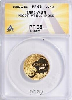 1991-w Mt. Rushmore Gold $5 Commemorative Anacs Pf68 Dcam