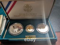 1992 3pc Columbus Gold & Silver Proof Commemorative Set WithOGP. 2457oz AGW
