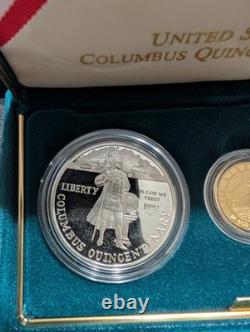 1992 3pc Columbus Gold & Silver Proof Commemorative Set WithOGP. 2457oz AGW