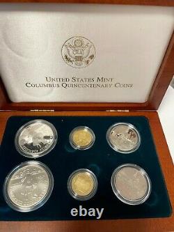 1992 Columbus Quincentenary Six Coin Silver & Gold Set 3 Proof 3 UNC In Box, COA