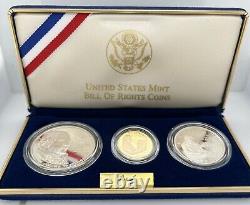 1993 BILL OF RIGHTS 3 COIN PROOF SET, with GOLD & SILVER US MINT OGP withCOA gift