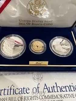 1993 Bill Of Rights 3 Coin Silver And Gold Proof Set Uncirculated Mint COA