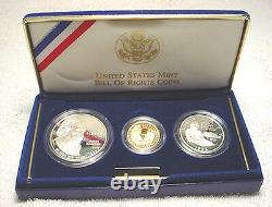 1993 Bill of Rights 3 Coin Proof Set, with Gold & Silver, by US Mint In Box, COA