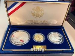 1993 Bill of Rights 3-coin Gold Proof set Blue box with gold letters & CoA
