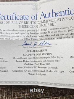 1993 US Mint Bill of Rights Coins Proof $5 Gold, $1 Silver, 50C Clad withOGP-WOW
