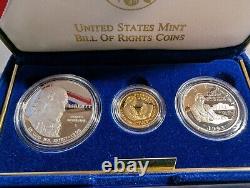 1993 US Mint Bill of Rights Commemorative Proof 3-Coin Set GOLD/SILVER/CLAD