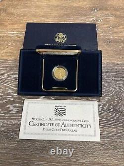 1994 $5 USA World Cup Commemorative Proof Gold Coin Box & COA