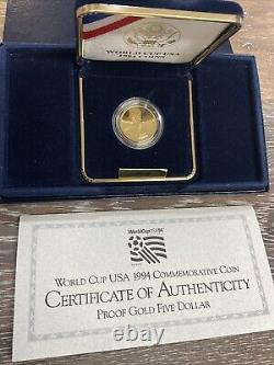 1994 $5 USA World Cup Commemorative Proof Gold Coin Box & COA