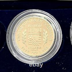 1994 US Mint World Cup FIFA 3 Coin Proof $5 Gold $1 Silver Clad Half