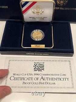 1994 W $5 GOLD World Cup USA Commemorative Proof Coin 24 Troy Oz 90% Gold COA