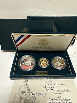1995 US Mint Civil War Battlefield Comm. Gold & Silver Proof Coin Set Box & COA