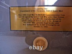 1995 Us Mint CIVIL War Gold $5 Proof Coin & Framed Artist's Print- Only 438 Made