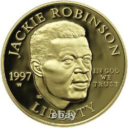 1997-W 50th Anniv. Jackie Robinson $5 Gold Commem. Coin with Card, Pin, Patch