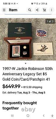1997 W Jackie Robinson 50th Anniversary Legacy Set $5 Gold Coin+ Card+ Patch&Pin