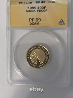 1999 Aruba 100 Florin Gold Coin ANACS PF69DCAM PF-69DCAM Proof Low Mintage