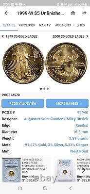 1999 W $5 GOLD EAGLE PCGS MS69 Variety-UNFINISHED PROOF DIES