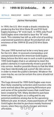 1999 W $5 GOLD EAGLE PCGS MS69 Variety-UNFINISHED PROOF DIES