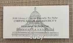 2000 W Library of Congress Bimetallic $10 Commemorative Coin in OGP & with COA