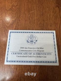 2006-S San Francisco Old Mint Commemorative $5 Gold Coin with Box COA