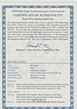 2008 $5 Pure Gold Bald Eagle Commemorative Coin Proof U. S. Mint $678.88