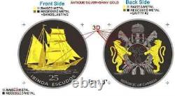 2011 Cabinda Angola 3D Silver Coin Sailing Ship Boat Gold Gilded 25 Escudos RARE
