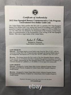 2012 $5 Star Spangled Banner Gold Uncirculated Commem. OGP. 2457oz AGW