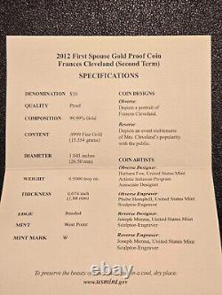 2012 First Spouse 1/2 oz Gold Proof Coin Frances Cleveland (2nd term) withCOA