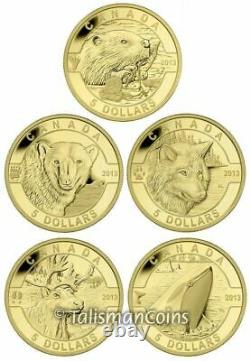 2013 O Canada Complete 5 Coin $5 1/10 Oz Gold Proof Set Wolf Orca in Wood Case