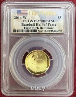 2014 $5 Gold Baseball Hall of Fame PCGS PR70 First Pitch First Strike Baltimore