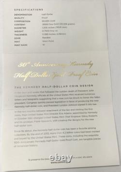 2014-W 50th Anniversary. 9999 Gold Proof Kennedy 50C Half Dollar with OGP & COA