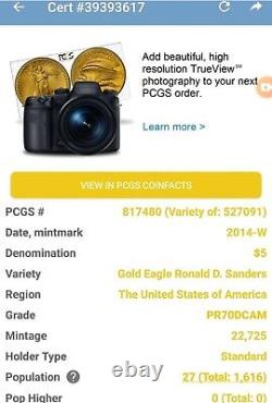 2014-W $5 AMERICAN EAGLE PR70DCAM Ronald D Sanders Label 1/10 Oz GOLD Coin