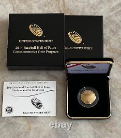 2014-W Baseball Hall of Fame Uncirculated Gold $5 Dollar HOF Coin Box + COA B32