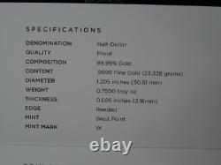 2014-W Kennedy Half Dollar 3/4 oz Gold Commemorative Proof Box & COA US Mint