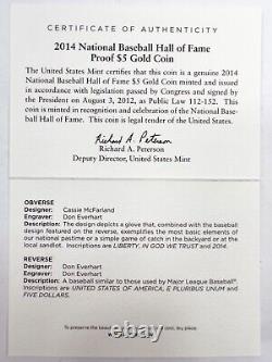 2014-W US Mint Baseball Hall of Fame $5 Gold Proof Coin withOGP & CoA