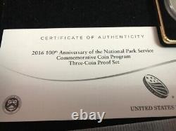 2016 100th Anniversary National Park Service 3 Coin Commem Set, Gold Gem Pr Ogp