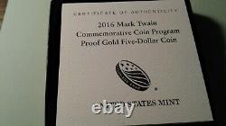 2016 GOLD Mark Twain Commemorative $5 Coin Proof Box & CoA