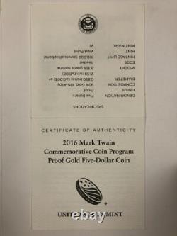 2016 Mark Twain $5 Gold. Proof. WithOGP. Perfect. 2457oz AGW