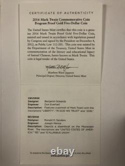 2016 Mark Twain $5 Gold. Proof. WithOGP. Perfect. 2457oz AGW