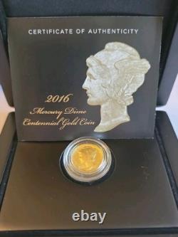 2016 Mercury Dime Centennial 24k Gold Coin 1/10 Ounce With Certificate