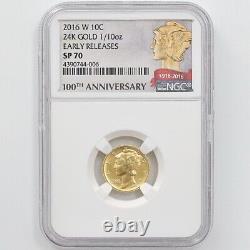 2016 United States Mercury Dime 100th Anniv 1/10oz 10Cent Gold Coin NGC SP 70 ER